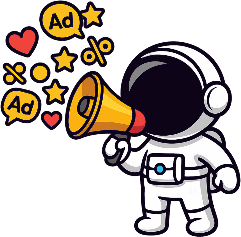 Astronaut mit Megaphone — Werbung schreit
