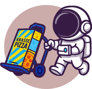 Astronaut beim Aufbau eines Pizzaautomaten
