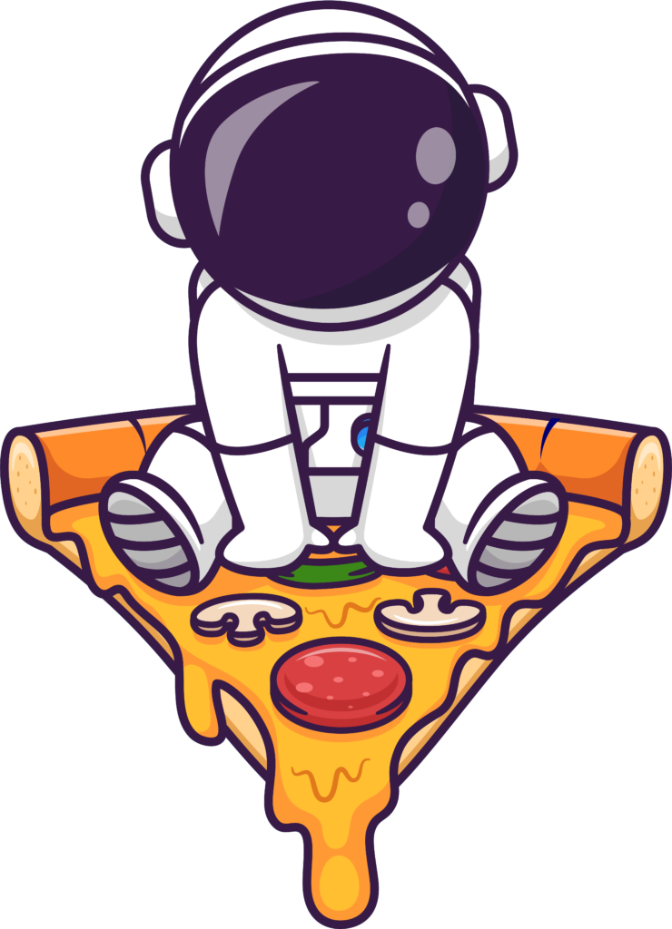 Astronaut-Maskottchen mit Pizza