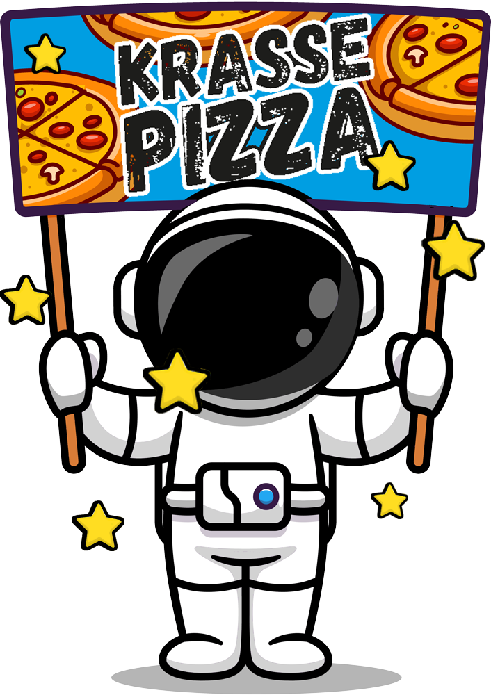 Astronaut hält Krasse-Pizza-Schild